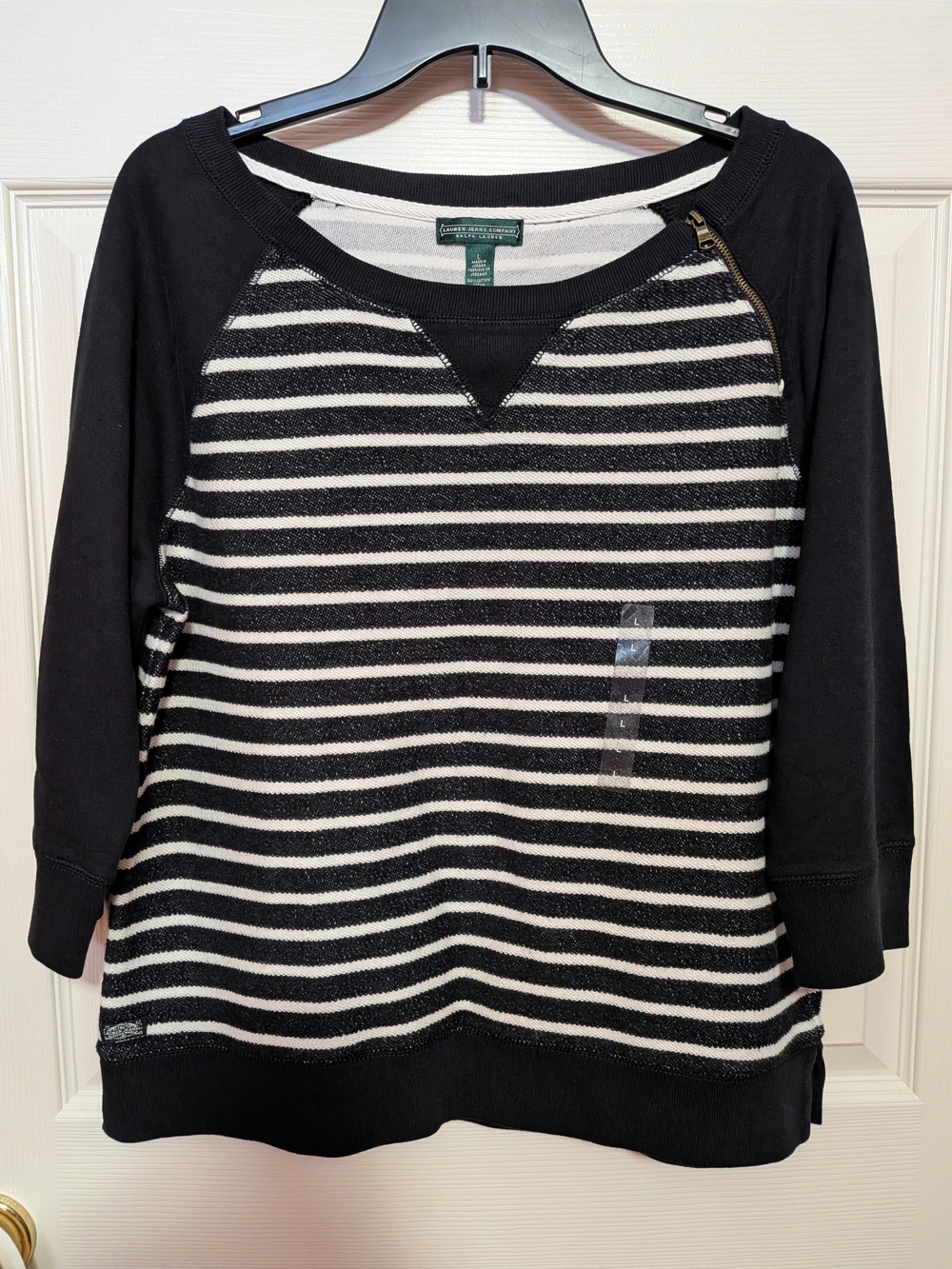 Ralph Lauren Black and White Striped Raglan Sweatshirt. NWT